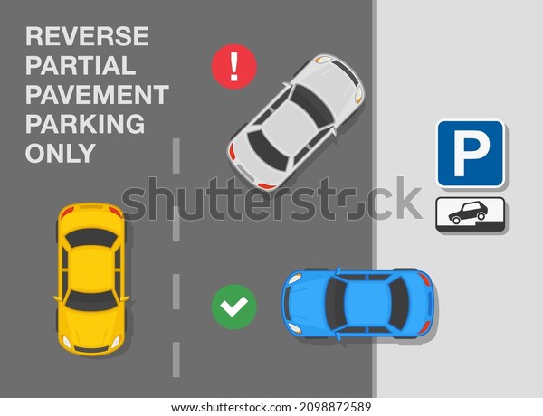 Outdoor\
parking rules. Top view of a correct and incorrect parked cars on a\
city parking. \