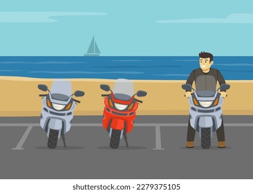 Outdoor parking scene. Parked motorcycles on beach parking area. Motorcyclist stands in parking lot. Flat vector illustration template.