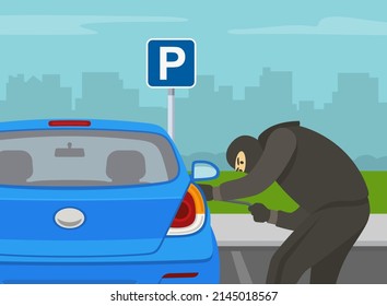 Outdoor parking scene. A thief with a robbery mask trying to open the front door of a blue sedan car. Flat vector illustration template.