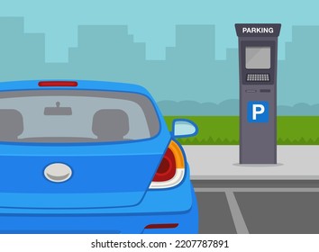 Outdoor parking tips. Close-up view of parked blue sedan car. City parking payment system. Flat vector illustration template.