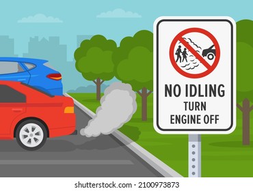 Outdoor parking tips and rules. Close-up view of a "No idling, turn engine off" road or traffic sign. Idle-free zone. Flat vector illustration template.