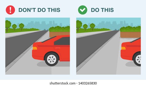 Outdoor parking tips and rules. Correct and incorrect park. Car blocking sidewalk access. Park your vehicle properly rule. Flat vector illustration template.
