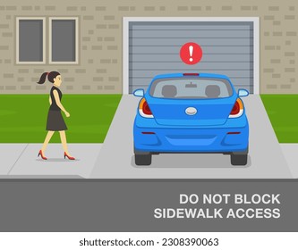 Outdoor parking tips and rules. Do not block sidewalk access when parking. Back view of an incorrect parked car in the driveway. Flat vector illustration template.