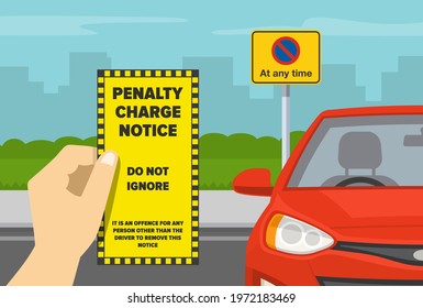 Outdoor parking tips and rules. Hand holding violation ticket.  Restricted parking area. No parking at any time road sign. Flat vector illustration template.