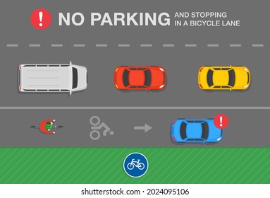 Outdoor parking tips and rules. No parking and stopping in a bicycle lane warning design. Flat vector illustration template.