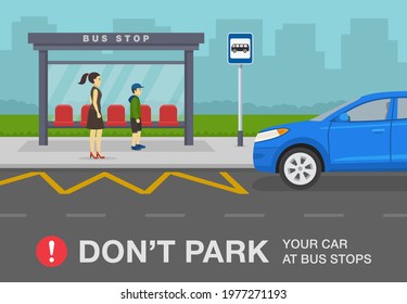 Outdoor parking tips and rules. Passengers waiting for transit on a city bus stop. Do not park your car at bus stops warning design. Flat vector illustration template.