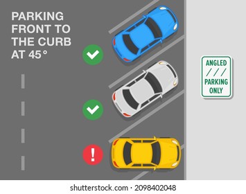 Outdoor parking tips and rules. Top view of a correct and incorrect parked cars on a city parking. "Angled parking only" sign meaning. Flat vector illustration template.