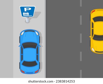 Outdoor parking tips and rules. Top view of a car fully parked on footway. Flat vector illustration template.