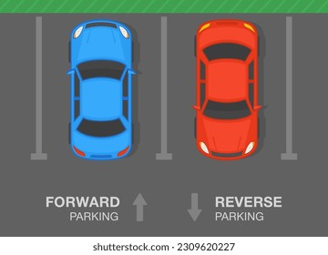 Outdoor parking. Top view of a perpendicular parked cars. Forward and reverse parking. Flat vector illustration template.