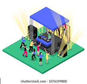 Outdoor Party Festival Event Dj Music    Equipment Tent Installation Isometric Composition With Dancing People Vector Illustration 