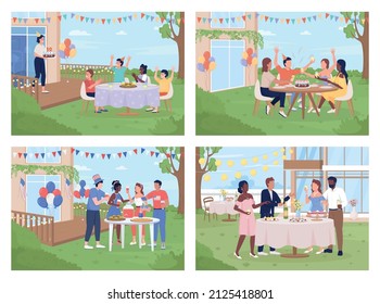 Outdoor party flat color vector illustration set. Birthday party. Independence day. Wedding day. 2D simple cartoon characters pack outside partying with decorated backyard on background