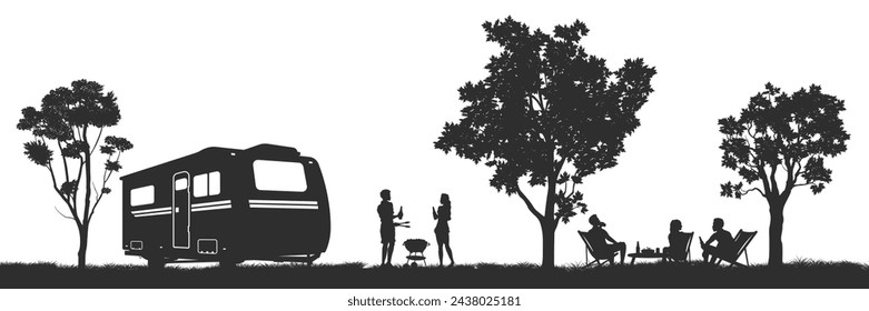 Outdoor party isolated silhouette. Young people bbq scene. Vacation background with barbecue and camping trailer. Friends grilled meat. Summer weekend poster. Vector illustration