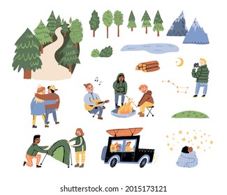 Outdoor pastime with friends, family, camping vacation for couple, enjoying nature, solo travel set. Friends walking in woods, sits around a bonfire, playing guitar and singing, frying the marshmallow