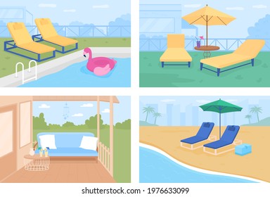 Outdoor patio ideas flat color vector illustration set. Leisure activities. Swimming pool year-round. Backyard paradise 2D cartoon backyards collection with green landscape on background