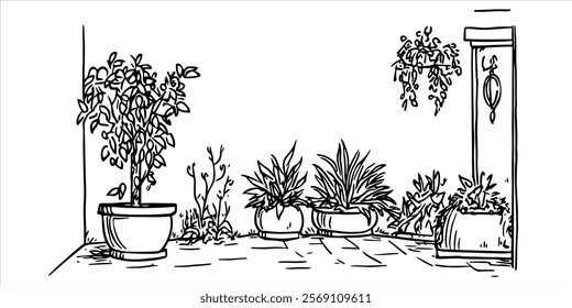 outdoor patio with potted plants in hand-drawn sketch