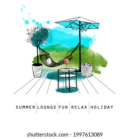 Outdoor patio scenario sketch. watercolor vector illustration