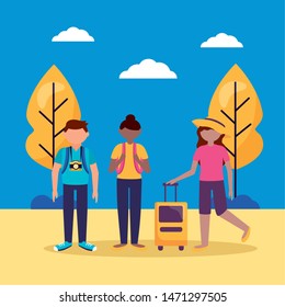 outdoor people suitcase camera explore vector illustration