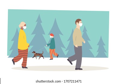 Outdoor people wearing white medical masks. Males and females walking in park, female dog walker. During coronavirus COVID-19 pandemic. EPS 10.