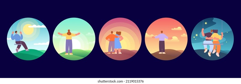 Outdoor people. Woman man on nature. Dating and relax, single and couples stand back and look in future. Morning, day and evening landscapes, colorful vector set