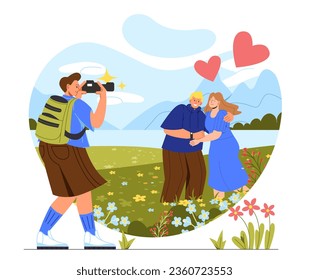 Concepto de sesión de fotos al aire libre. Hombre con cámara fotografia a pareja joven en el despeje con montañas en el fondo. Viajes y turismo, estilo de vida activo. Dibujo vectorial plano de dibujos animados