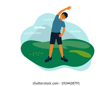 Outdoor Physical Activities, Healthy Lifestyle Concept. Man Doing Side Bends, Sport Exercise, Stretching. Guy Spends Time On Nature Walking In Park. Fitness Workout, Active Leisure Vector Illustration