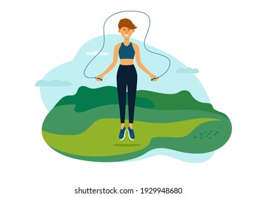 Outdoor physical activity on fresh air. Young woman jumping in park with jump ropes. Female training on nature. Fitness workout, sport exercise. Active leisure, healthy lifestyle vector illustration