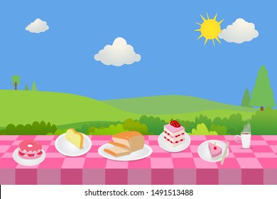 Outdoor picnic with bakery and nature background.Food with table in public park