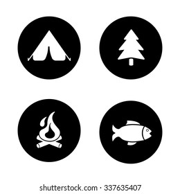Outdoor picnic black icons set. Camping tent, forest tree symbol, burning campfire, fishing sign. Wild nature recreation. Tourism and trekking white silhouettes illustrations. Logo concepts. Vector