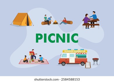 Outdoor Picnic and Camping Activities – Summer BBQ and Leisure Time 2d flat vector illustrations