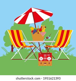 Outdoor picnic concept. A table under an umbrella, chairs, a basket with products, a set of accessories for a picnic in the background of nature. Vector illustration, set of elements, poster, banner.