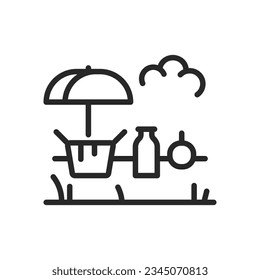 Outdoor Picnic Dining Icon. Vector Outline Editable Sign of Picnic Basket and Blanket. Linear Minimal Illustration Graphic for Relaxing Alfresco Dining Experience.