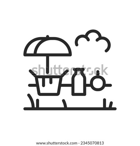 Outdoor Picnic Dining Icon. Vector Outline Editable Sign of Picnic Basket and Blanket. Linear Minimal Illustration Graphic for Relaxing Alfresco Dining Experience.