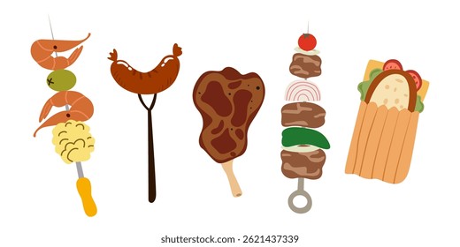 Outdoor picnic elements in cartoon flat style. Barbecue, sausages, sandwich. Food stickers. Outdoors weekend BBQ grill food