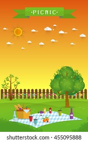 Outdoor picnic in garden,Food and pastime objects on nature landscape,picnic items. Creative poster banner with food and nature,vector background illustration