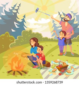 Outdoor picnic. Happy family together in a forest. Mom and son sitting near campfire, dad and daughter making selfie. Resting in nature, summer landscape. Vector cartoon illustration.