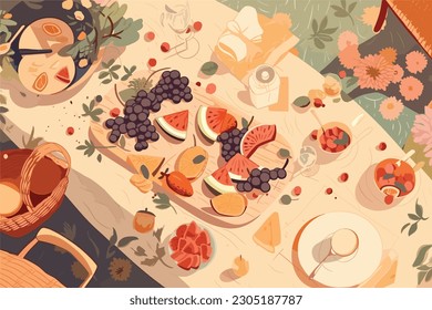 Outdoor Picnic Illustration Charcuterie Board Slow Living Dining 