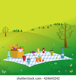 Outdoor picnic in Mountains,Food and pastime objects on nature landscape,picnic items. Creative banner with food and nature,vector background illustration