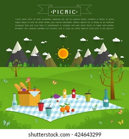 Outdoor picnic in Mountains,Food and pastime objects on nature landscape,picnic items. Creative banner with food and nature,vector background illustration