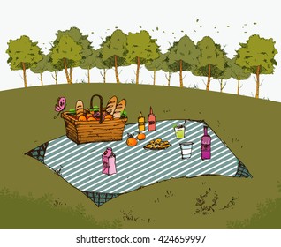 Outdoor picnic in park, Hand drawn style,vector background illustration
