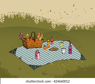 Outdoor picnic in park, Hand drawn style,vector background illustration