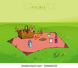 Outdoor picnic in park, Hand drawn style,vector background illustration