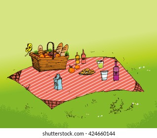 Outdoor picnic in park, Hand drawn style,vector background illustration