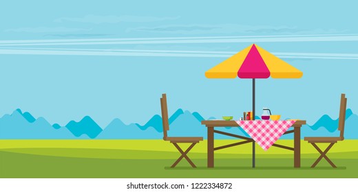 Outdoor picnic in park. Table with chairs and umbrella. Flat style vector illustration.