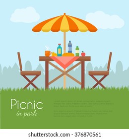 Outdoor picnic in park. Table with chairs and umbrella. Flat style vector illustration.