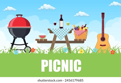 Outdoor picnic in park Table covered with tartan cloth. Picnic basket filled with food on the chair. Vector illustration in flat style