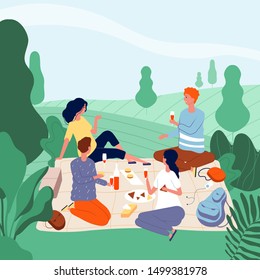 Outdoor picnic people. Happy family in green summer park eating food have a rest and playing vector picnic background