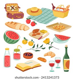 Outdoor picnic set. Hamper with plates and flatware, wicker basket and tablecloth. Wine, glasses and baguette, pizza and salami with cheese, fruit and drink, book, hat and flower. Vector in flat style