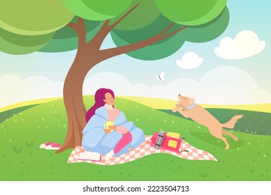 Outdoor picnic at weekend vector illustration. Cartoon happy leisure scene with girl wrapped in warm blanket sitting on mat on green lawn grass under tree, dog playing with butterfly background