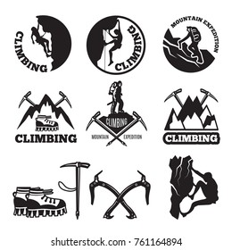 Outdoor pictures. Adventures and mountain climbing. Illustrations for labels or logo designs. Climbing extreme badge, logo climb expedition and tourism vector