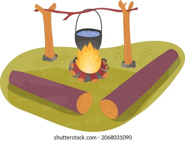 Outdoor place bonfire foodstuff cooking, tourist travel stuff, felled tree hiking equipment cartoon vector illustration, isolated on white.